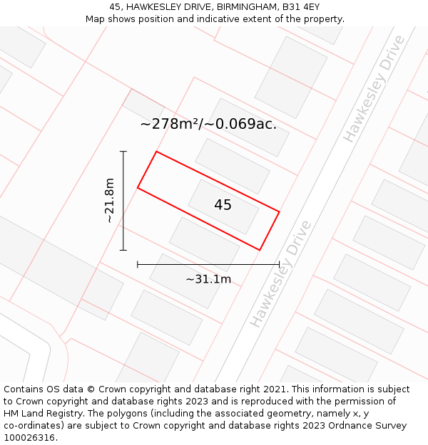 45, HAWKESLEY DRIVE, BIRMINGHAM, B31 4EY: Plot and title map