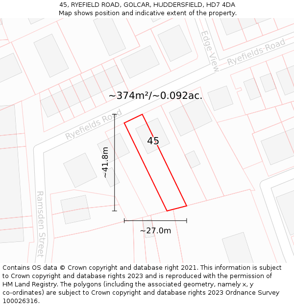 45, RYEFIELD ROAD, GOLCAR, HUDDERSFIELD, HD7 4DA: Plot and title map