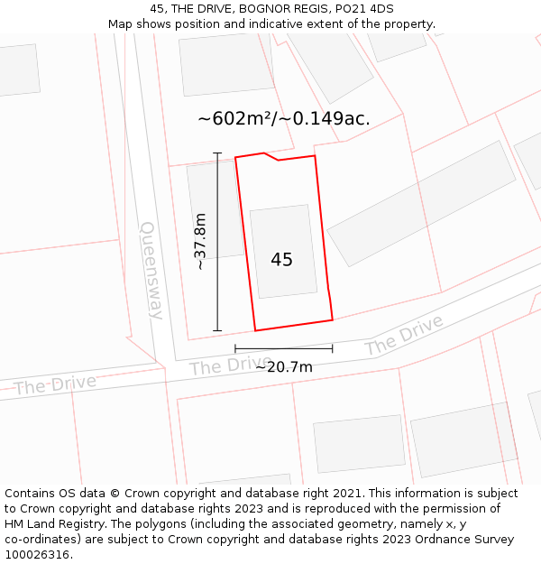 45, THE DRIVE, BOGNOR REGIS, PO21 4DS: Plot and title map