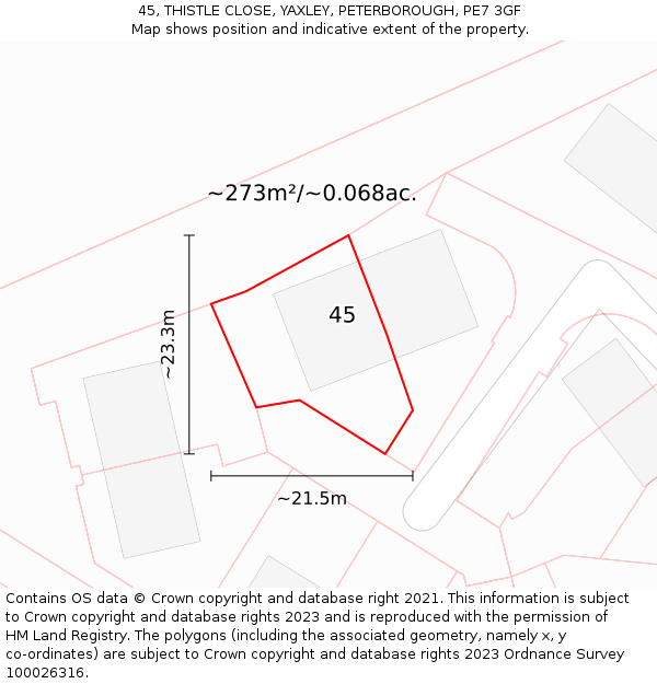45, THISTLE CLOSE, YAXLEY, PETERBOROUGH, PE7 3GF: Plot and title map