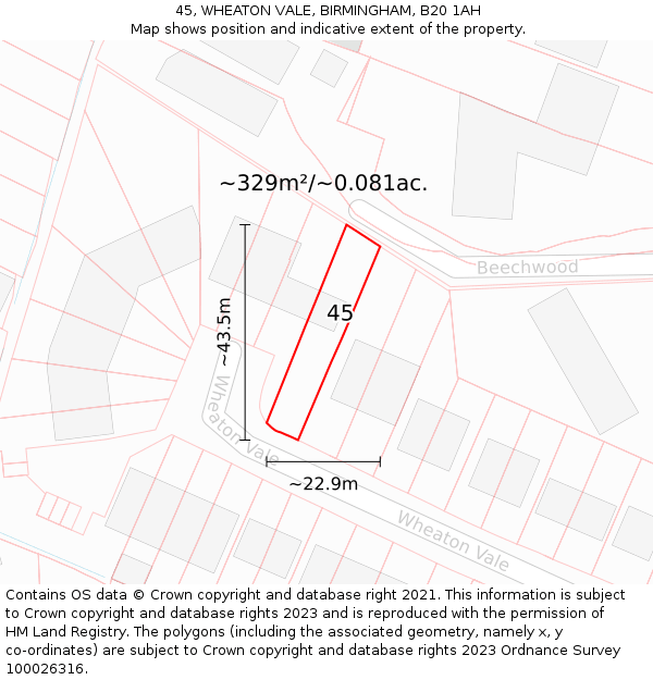 45, WHEATON VALE, BIRMINGHAM, B20 1AH: Plot and title map