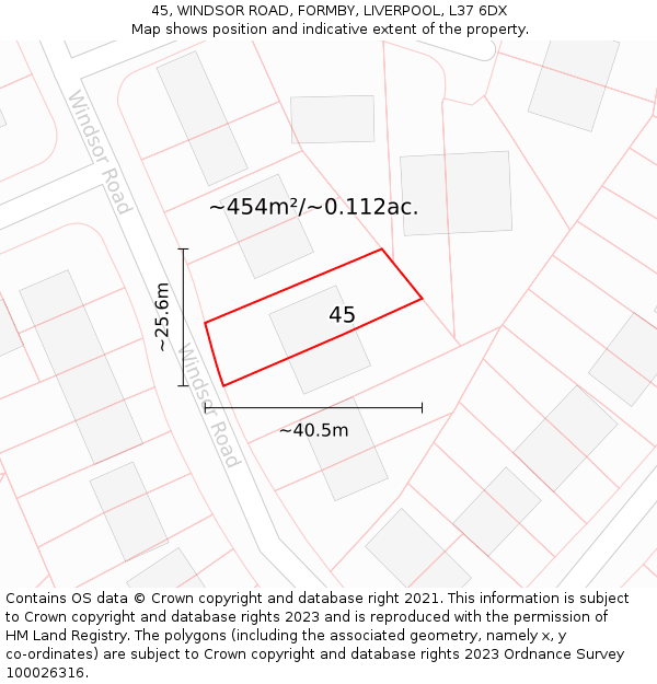 45, WINDSOR ROAD, FORMBY, LIVERPOOL, L37 6DX: Plot and title map