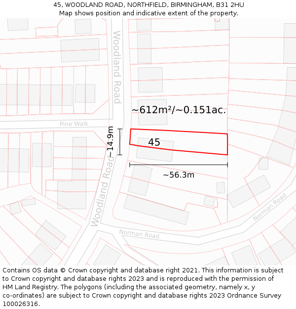45, WOODLAND ROAD, NORTHFIELD, BIRMINGHAM, B31 2HU: Plot and title map
