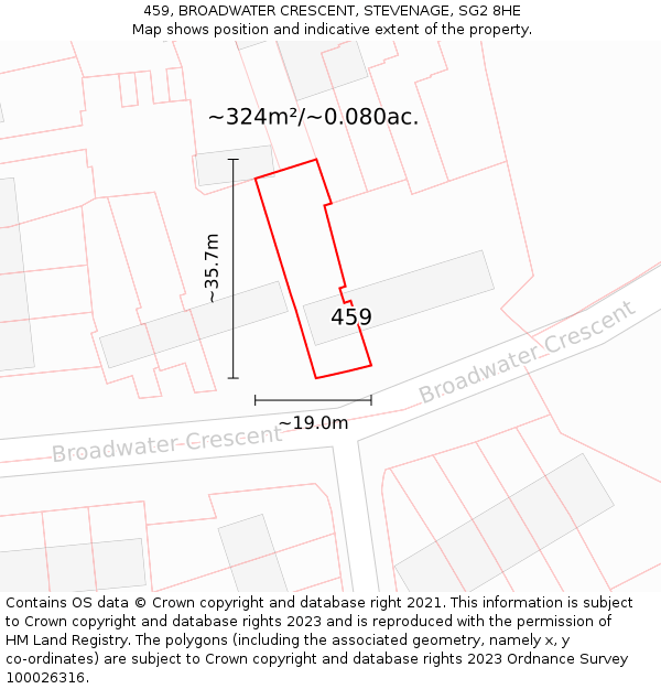 459, BROADWATER CRESCENT, STEVENAGE, SG2 8HE: Plot and title map