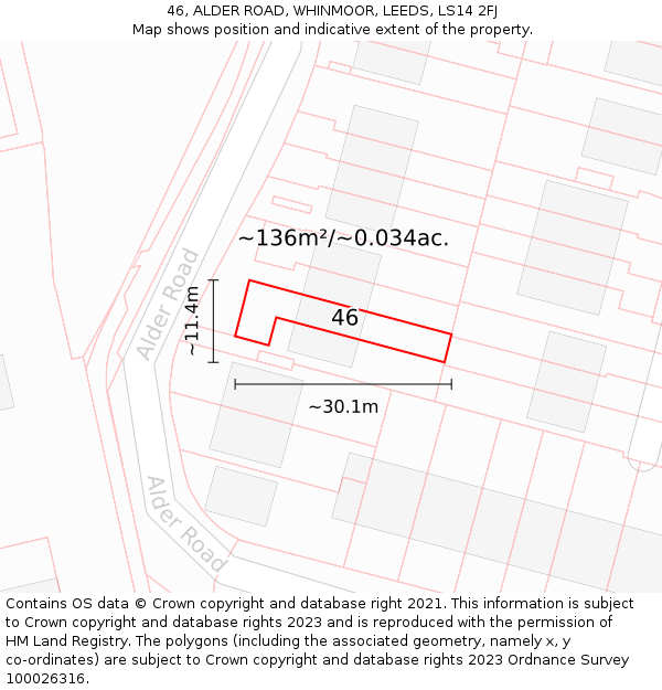 46, ALDER ROAD, WHINMOOR, LEEDS, LS14 2FJ: Plot and title map
