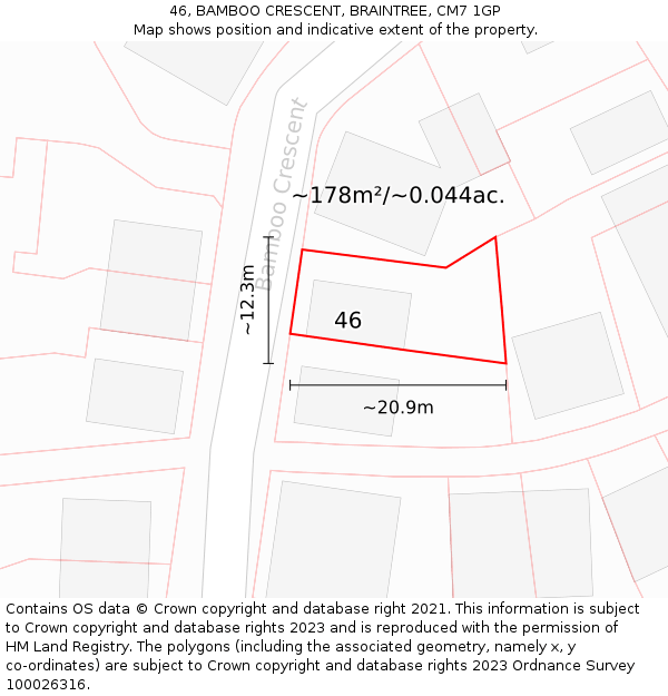 46, BAMBOO CRESCENT, BRAINTREE, CM7 1GP: Plot and title map