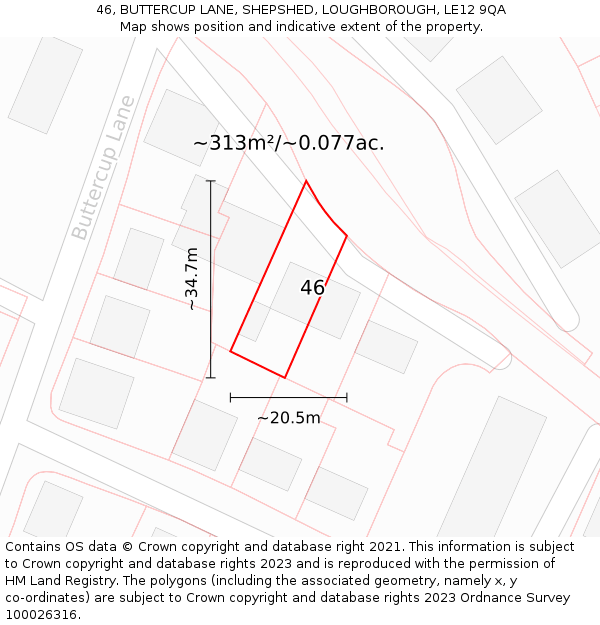 46, BUTTERCUP LANE, SHEPSHED, LOUGHBOROUGH, LE12 9QA: Plot and title map