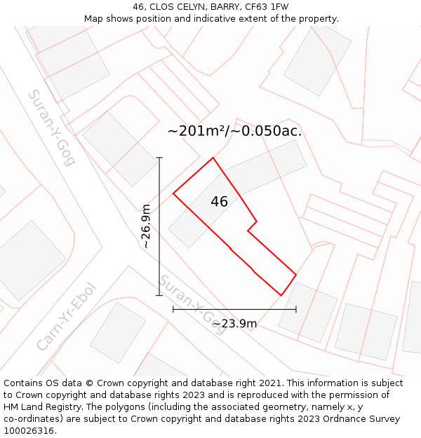 46, CLOS CELYN, BARRY, CF63 1FW: Plot and title map