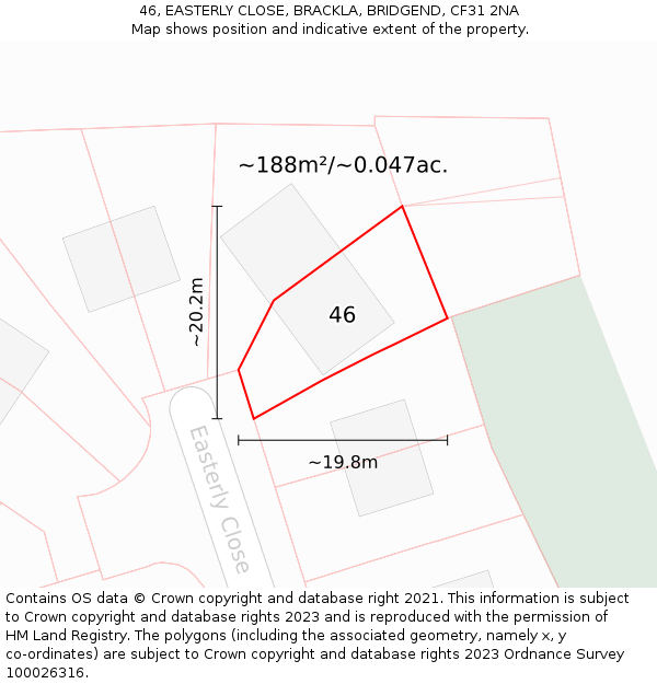 46, EASTERLY CLOSE, BRACKLA, BRIDGEND, CF31 2NA: Plot and title map