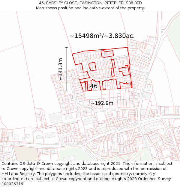 46, PARSLEY CLOSE, EASINGTON, PETERLEE, SR8 3FD: Plot and title map