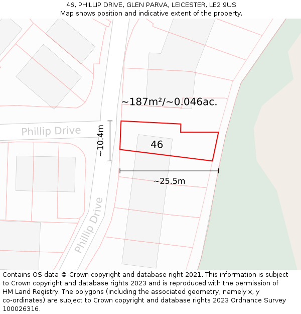 46, PHILLIP DRIVE, GLEN PARVA, LEICESTER, LE2 9US: Plot and title map