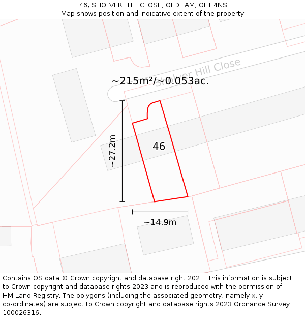 46, SHOLVER HILL CLOSE, OLDHAM, OL1 4NS: Plot and title map
