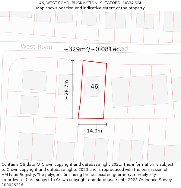 46, WEST ROAD, RUSKINGTON, SLEAFORD, NG34 9AL: Plot and title map