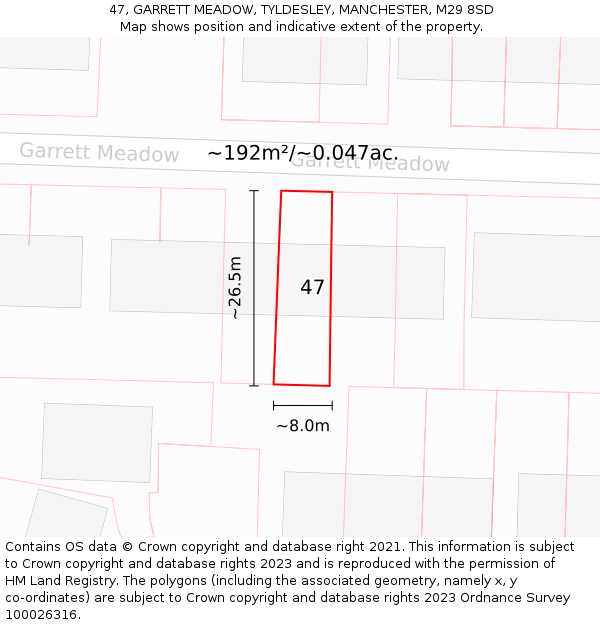 47, GARRETT MEADOW, TYLDESLEY, MANCHESTER, M29 8SD: Plot and title map