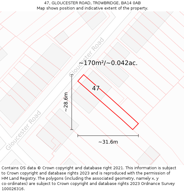 47, GLOUCESTER ROAD, TROWBRIDGE, BA14 0AB: Plot and title map