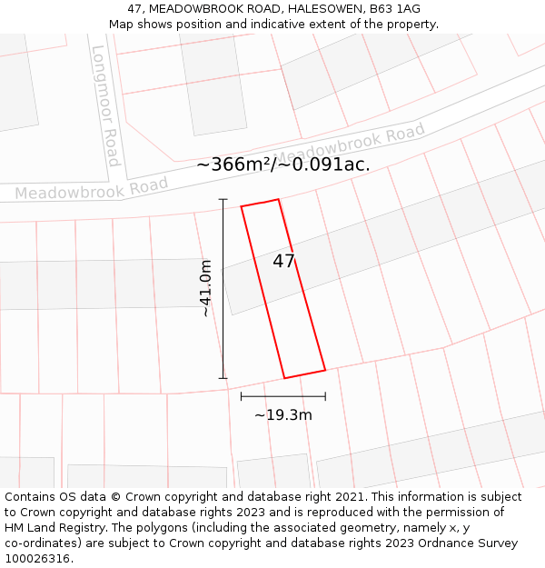 47, MEADOWBROOK ROAD, HALESOWEN, B63 1AG: Plot and title map