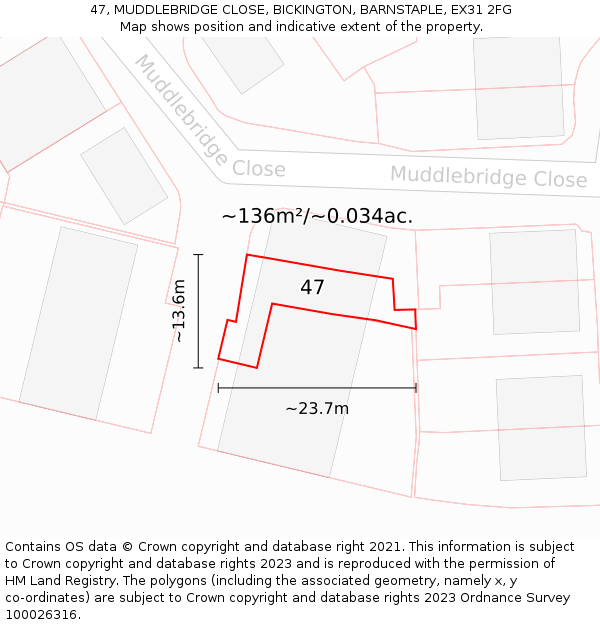 47, MUDDLEBRIDGE CLOSE, BICKINGTON, BARNSTAPLE, EX31 2FG: Plot and title map