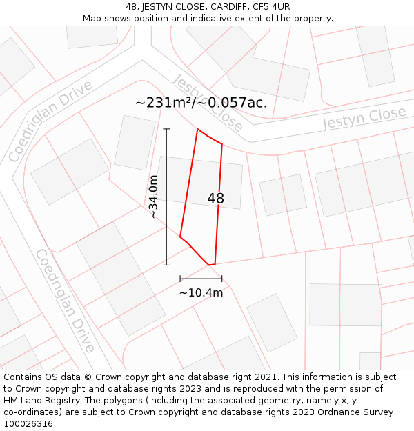 48, JESTYN CLOSE, CARDIFF, CF5 4UR: Plot and title map