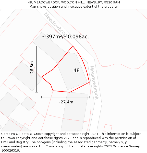 48, MEADOWBROOK, WOOLTON HILL, NEWBURY, RG20 9AN: Plot and title map