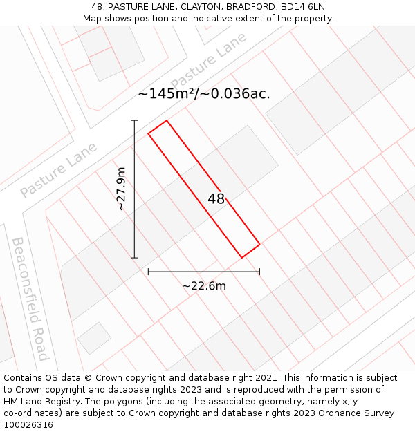 48, PASTURE LANE, CLAYTON, BRADFORD, BD14 6LN: Plot and title map
