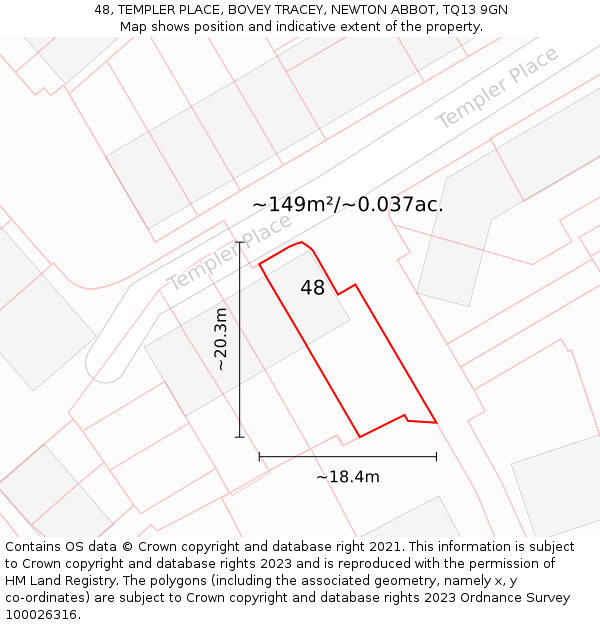 48, TEMPLER PLACE, BOVEY TRACEY, NEWTON ABBOT, TQ13 9GN: Plot and title map