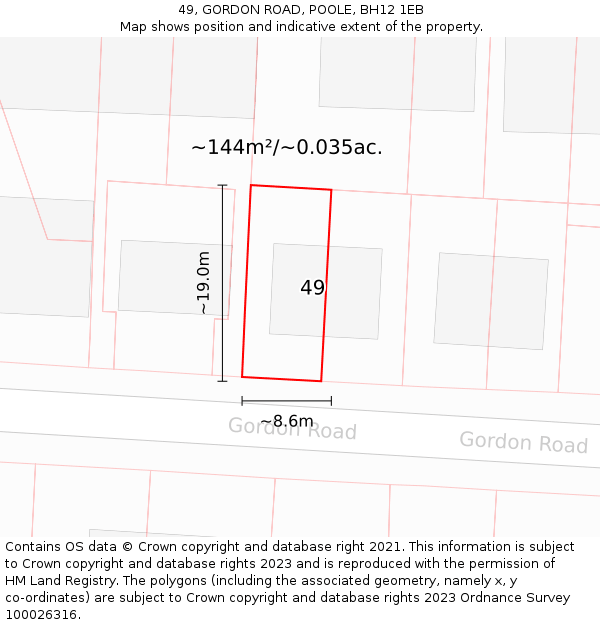 49, GORDON ROAD, POOLE, BH12 1EB: Plot and title map