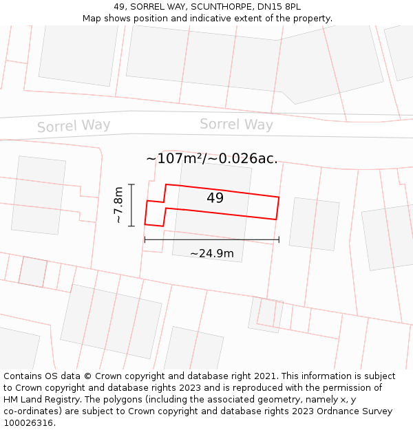 49, SORREL WAY, SCUNTHORPE, DN15 8PL: Plot and title map