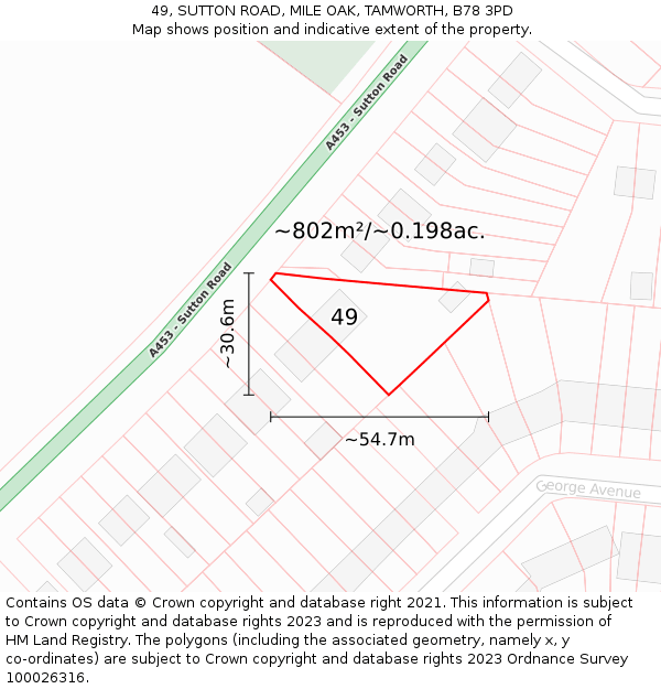 49, SUTTON ROAD, MILE OAK, TAMWORTH, B78 3PD: Plot and title map