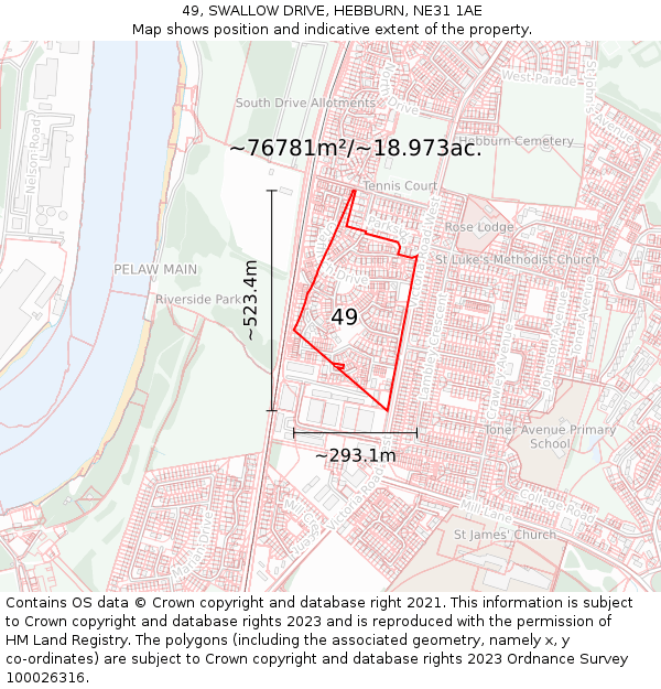 49, SWALLOW DRIVE, HEBBURN, NE31 1AE: Plot and title map