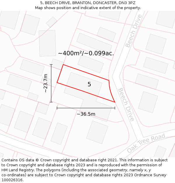 5, BEECH DRIVE, BRANTON, DONCASTER, DN3 3PZ: Plot and title map