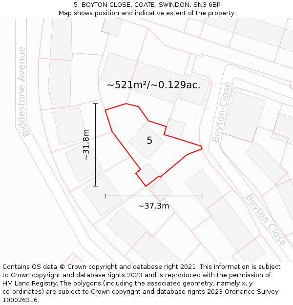 5, BOYTON CLOSE, COATE, SWINDON, SN3 6BP: Plot and title map