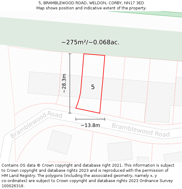 5, BRAMBLEWOOD ROAD, WELDON, CORBY, NN17 3ED: Plot and title map