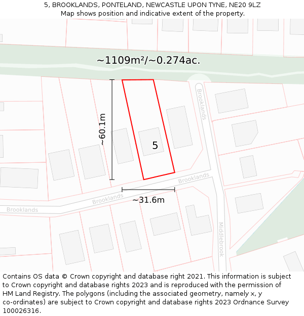 5, BROOKLANDS, PONTELAND, NEWCASTLE UPON TYNE, NE20 9LZ: Plot and title map