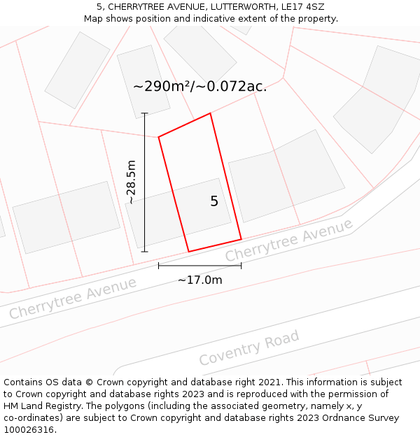 5, CHERRYTREE AVENUE, LUTTERWORTH, LE17 4SZ: Plot and title map