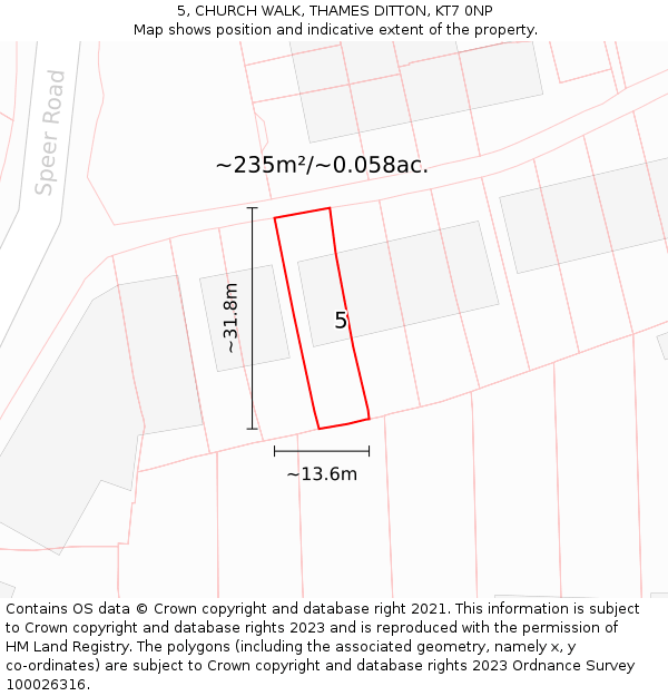 5, CHURCH WALK, THAMES DITTON, KT7 0NP: Plot and title map