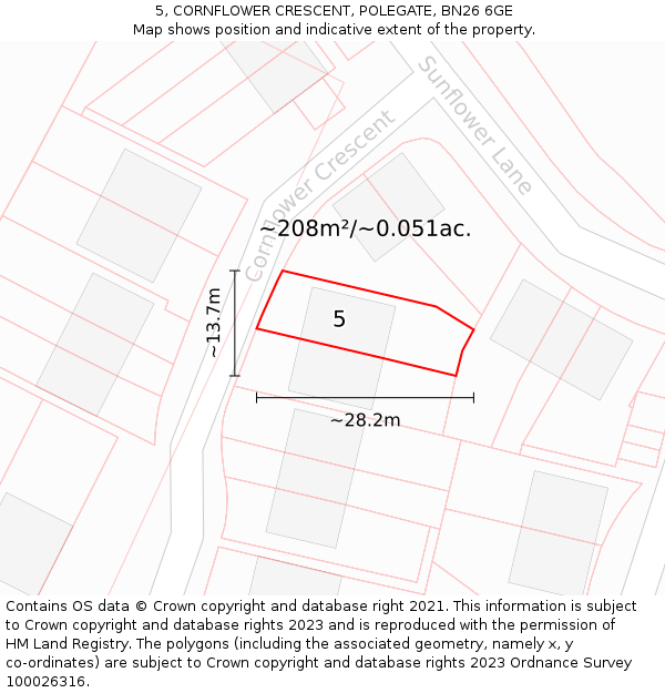 5, CORNFLOWER CRESCENT, POLEGATE, BN26 6GE: Plot and title map