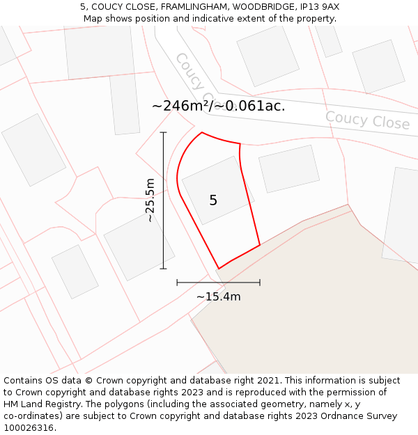 5, COUCY CLOSE, FRAMLINGHAM, WOODBRIDGE, IP13 9AX: Plot and title map