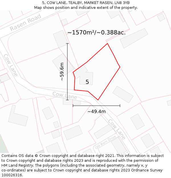 5, COW LANE, TEALBY, MARKET RASEN, LN8 3YB: Plot and title map