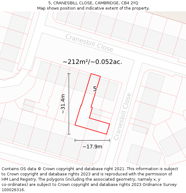 5, CRANESBILL CLOSE, CAMBRIDGE, CB4 2YQ: Plot and title map