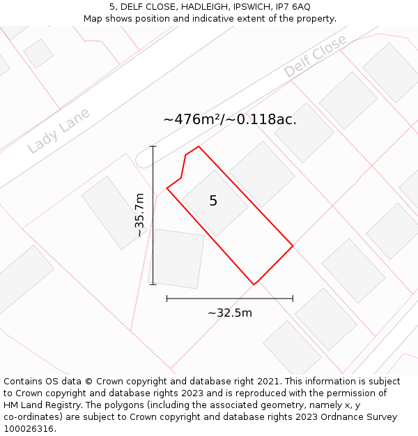 5, DELF CLOSE, HADLEIGH, IPSWICH, IP7 6AQ: Plot and title map