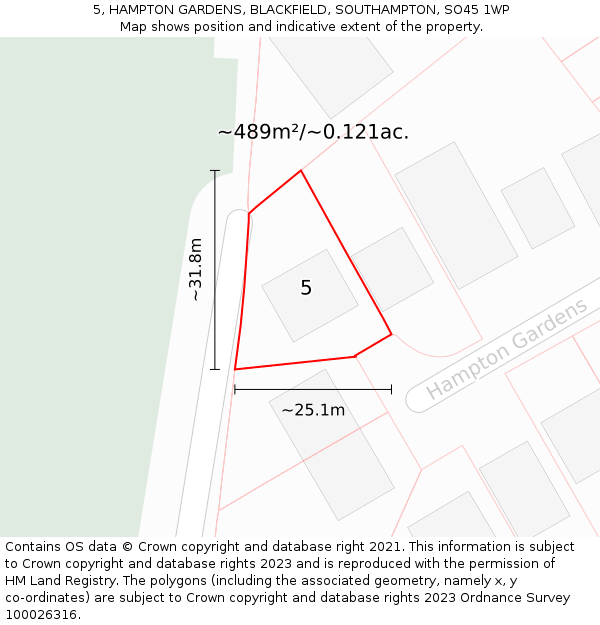 5, HAMPTON GARDENS, BLACKFIELD, SOUTHAMPTON, SO45 1WP: Plot and title map