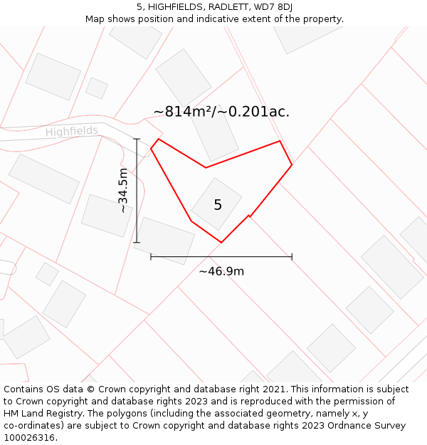 5, HIGHFIELDS, RADLETT, WD7 8DJ: Plot and title map