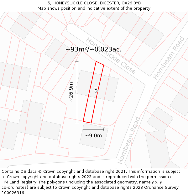 5, HONEYSUCKLE CLOSE, BICESTER, OX26 3YD: Plot and title map