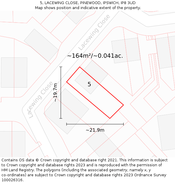 5, LACEWING CLOSE, PINEWOOD, IPSWICH, IP8 3UD: Plot and title map