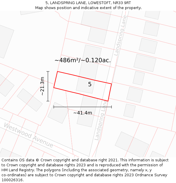 5, LANDSPRING LANE, LOWESTOFT, NR33 9RT: Plot and title map