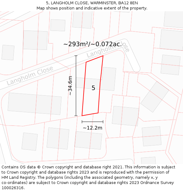 5, LANGHOLM CLOSE, WARMINSTER, BA12 8EN: Plot and title map