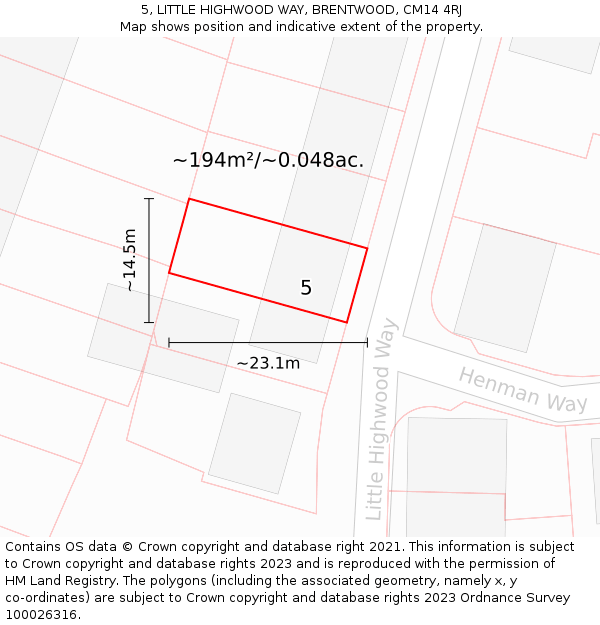 5, LITTLE HIGHWOOD WAY, BRENTWOOD, CM14 4RJ: Plot and title map