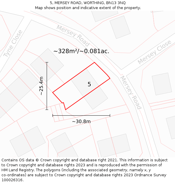 5, MERSEY ROAD, WORTHING, BN13 3NQ: Plot and title map