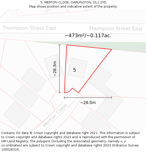 5, MERTON CLOSE, DARLINGTON, DL1 2YD: Plot and title map