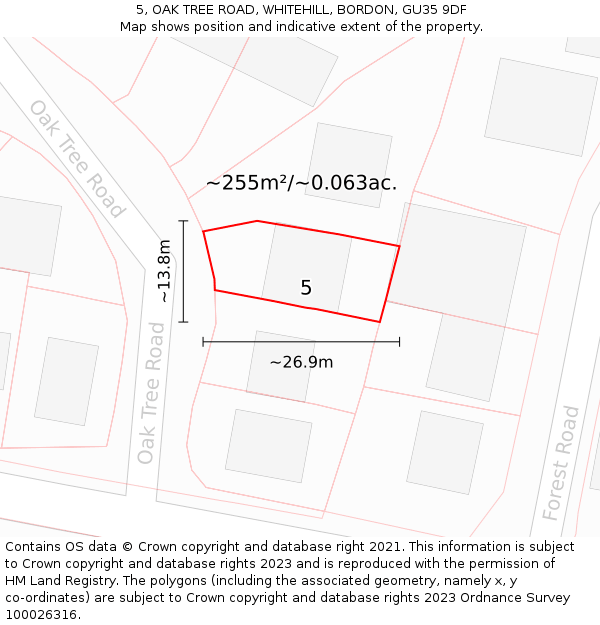 5, OAK TREE ROAD, WHITEHILL, BORDON, GU35 9DF: Plot and title map